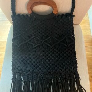 Black Macrame Shoulder Bag with Wooden Handle
